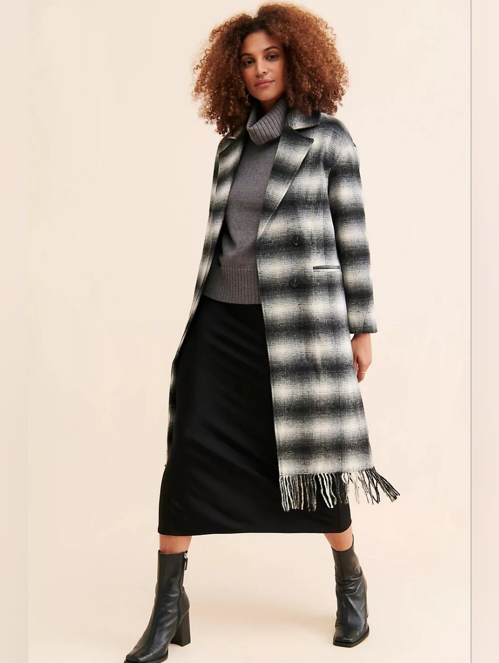 Avec Les Filles Plaid Fringe Hem Long Coat Black White